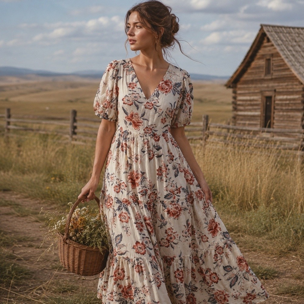 Lucky Brand Floral Maxi Dress Tiered White Tie Back Puff Sleeve Small NWT